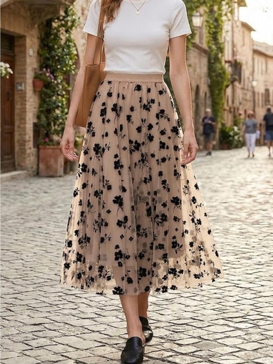 Dresses & Skirts - Black Floral flowy elastic waist Tulle pull on Midi Skirt